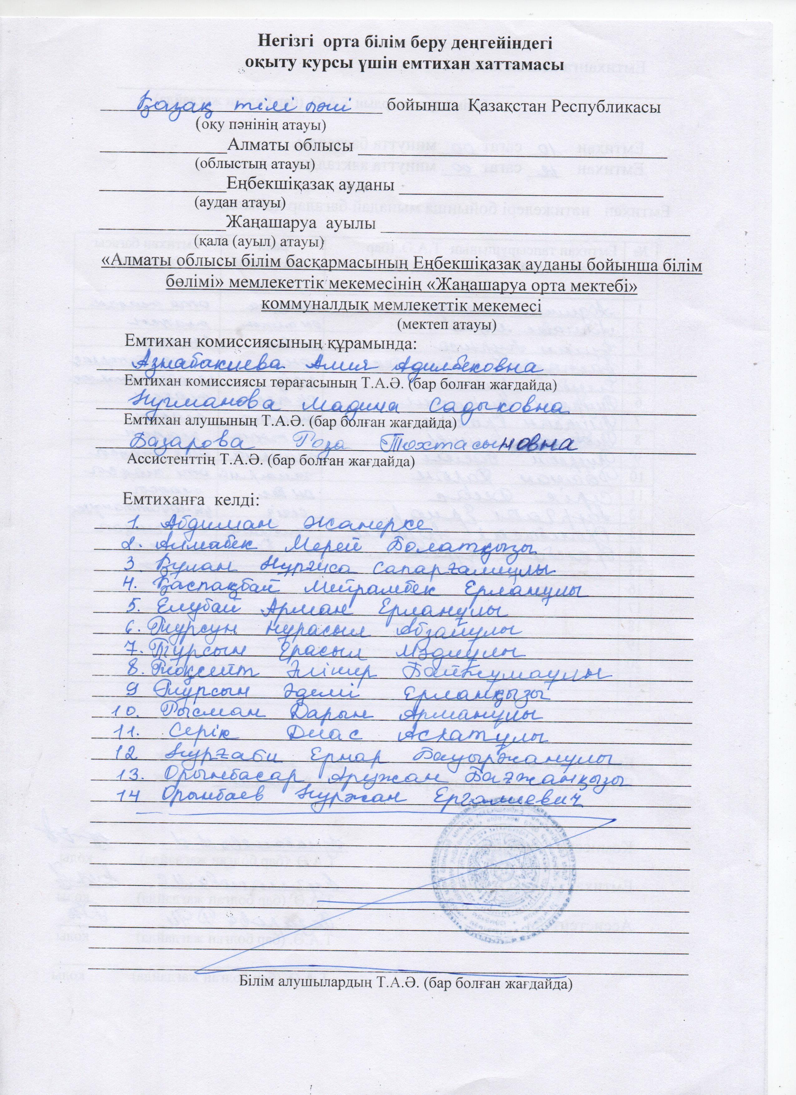 қорытынды аттестатау хаттамалары 9-сынып