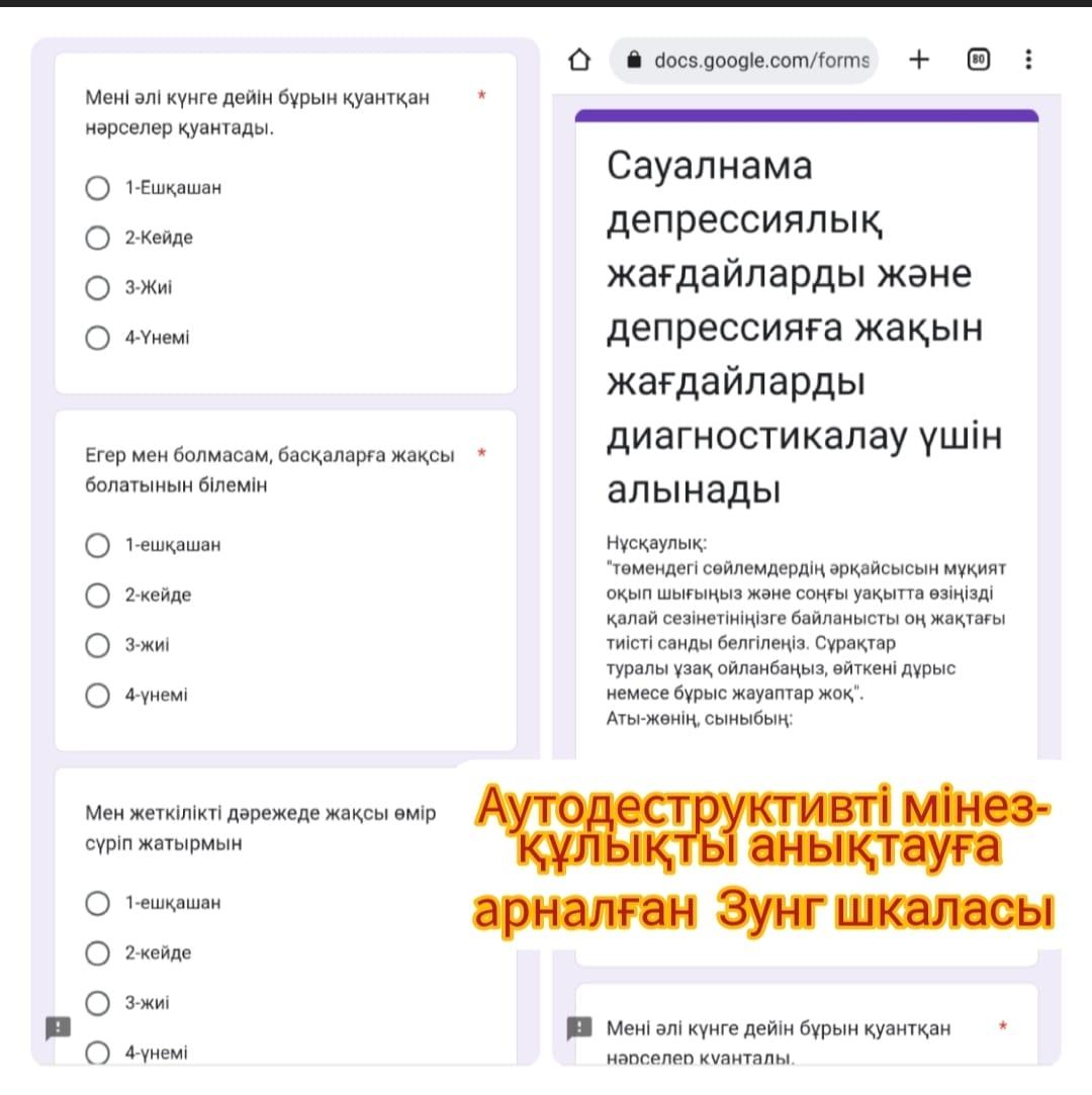Аутодеструктивті мінез-құлықты анықтауға арналған тест. Зунг шкаласы 10-11 сынып оқушыларынан Googl платформасы арқылы онлайн тест алынды.